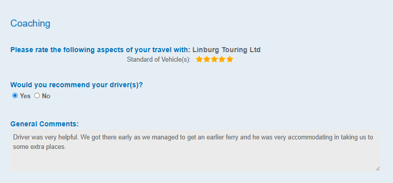 5 star Testimonial for Linburg Coach Travel Group